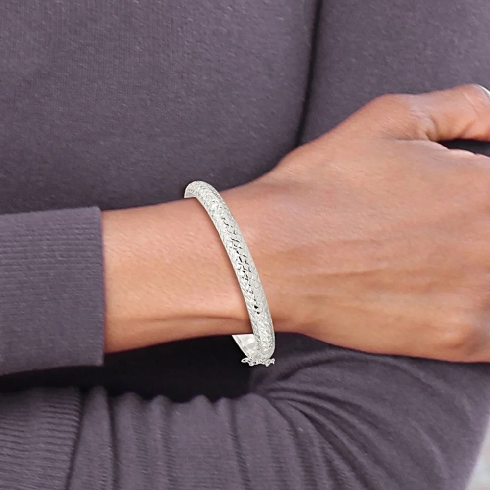 Rhodium Over Sterling Silver Polished and Diamond-cut 7.00mm Hinged Bangle ✨️ - Picture 3 of 8